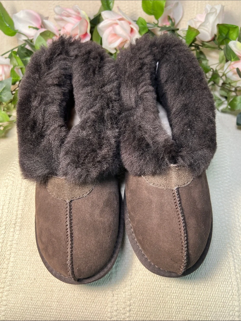 🐑Rare NWT Vintage UGG Women's Brown Suede Shearling-Lined Slip-On like small 7